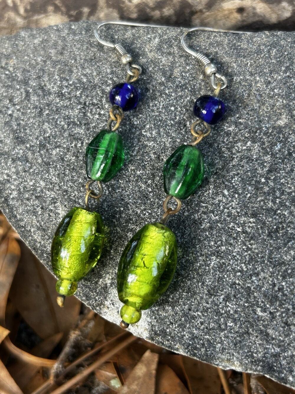 Vintage Hook Earrings Green Glass Bead Dangle Earrings
